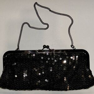 Ann Taylor Loft Black Sequin Chain-Handle Evening Clutch
